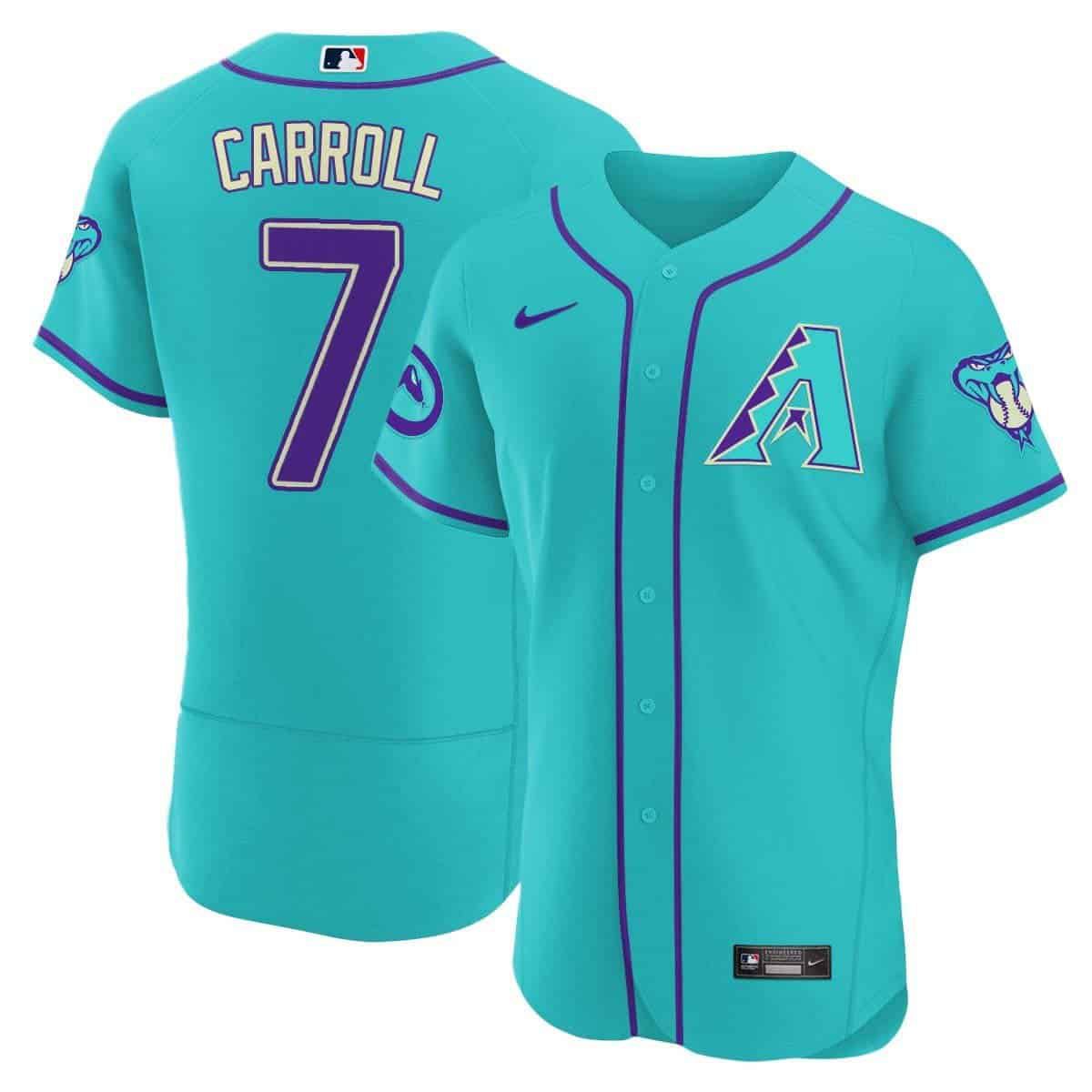 Men Arizona Diamondback #7 Carroll Light Blue Nike 2024 Teal Purple MLB Jersey style 3